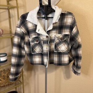 Helium London Plaid Sherpa Lined Cropped Shacket Jacket XL